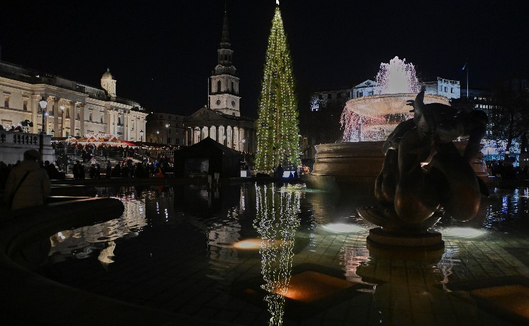 传统始自1947  &ldquo;挪威森林&rdquo;圣诞树点亮伦敦特拉法加广场